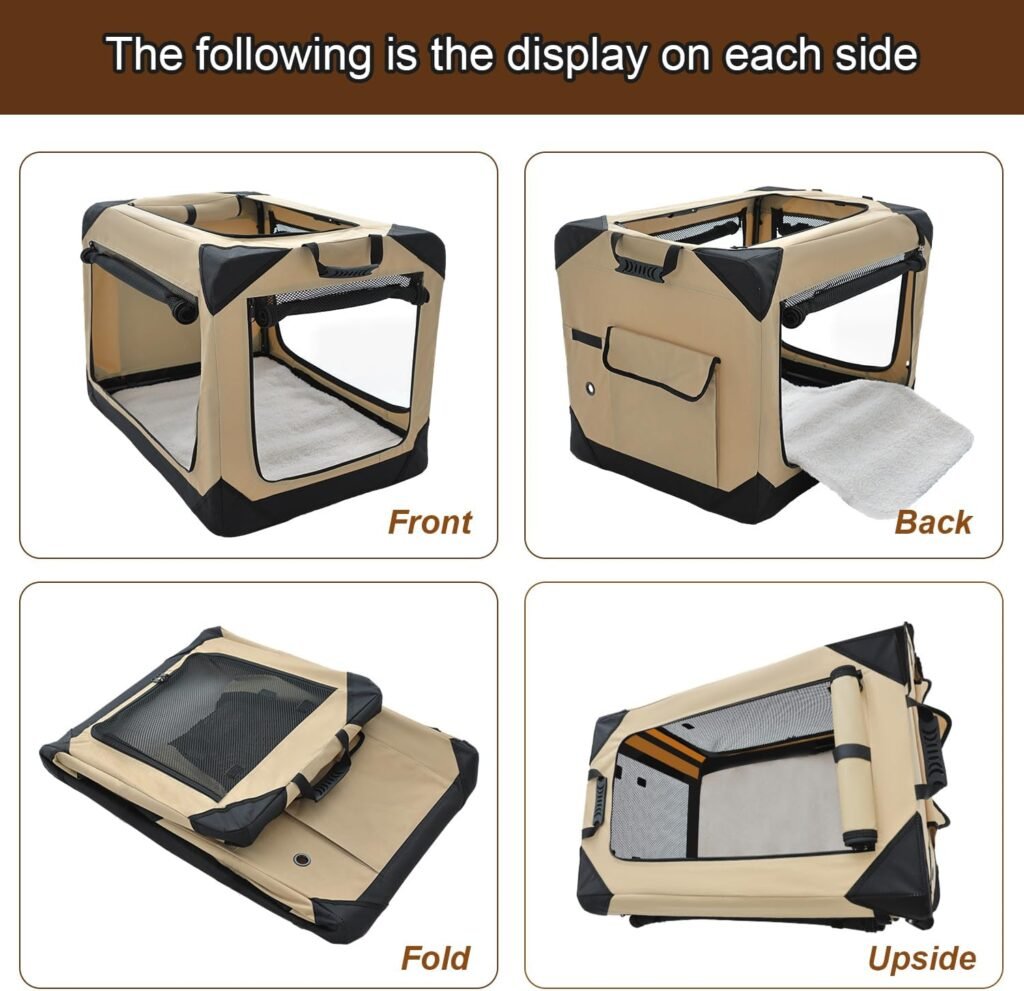 36 Inch Collapsible Soft Dog Crate for Large Dogs, 4-Door Foldable Travel Dog Kennel with Durable Mesh Windows for Indoor  Outdoor Portable Pet Crate, Soft Side Dog Crate, Beige