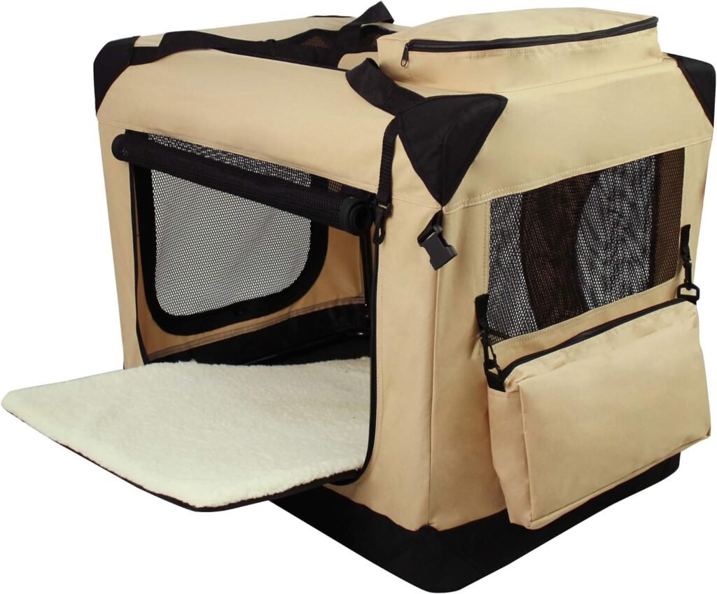 EliteField 3-Door Folding Soft Dog Crate with Carrying Bag and Fleece Bed (2 Year Warranty), Indoor  Outdoor Pet Home (36 L x 24 W x 28 H, Beige)