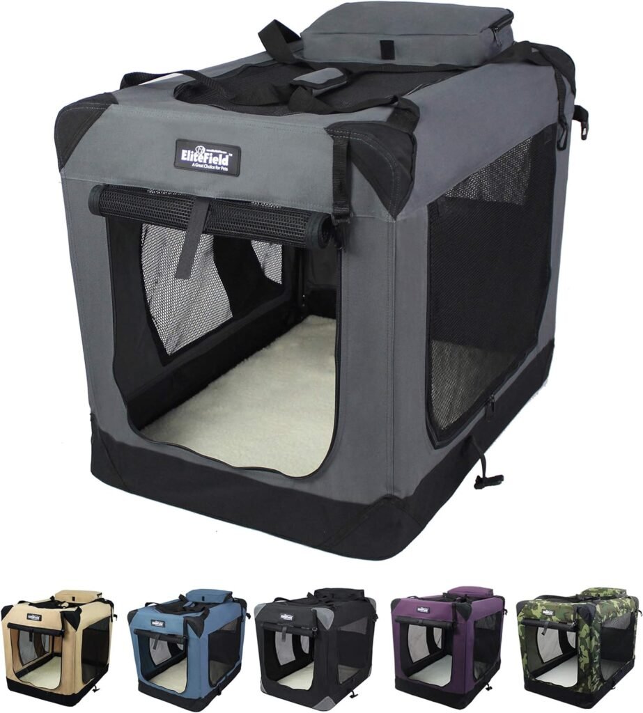 EliteField 3-Door Folding Soft Dog Crate with Carrying Bag and Fleece Bed (2 Year Warranty), Indoor  Outdoor Pet Home (36 L x 24 W x 28 H, Gray)