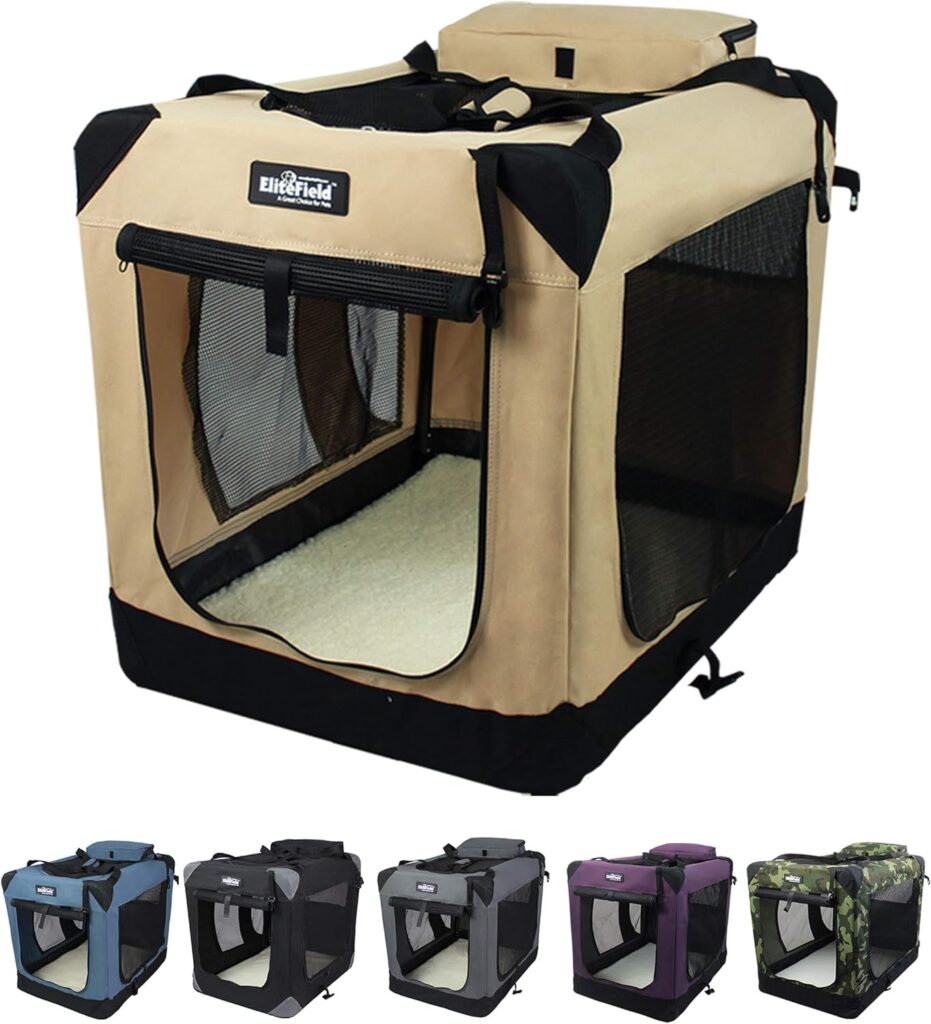 EliteField 3-Door Folding Soft Dog Crate with Carrying Bag and Fleece Bed (2 Year Warranty), Indoor  Outdoor Pet Home (36 L x 24 W x 28 H, Beige)