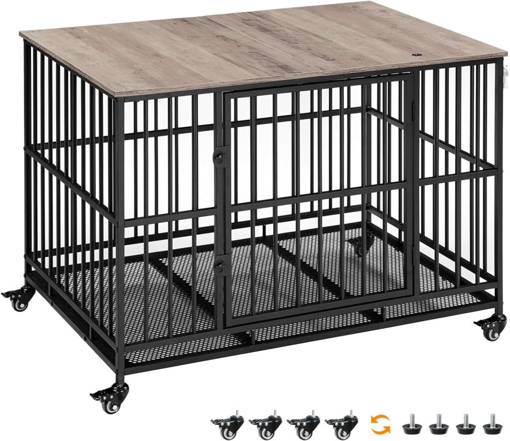 Heavy Duty Dog Crate Furniture, 38.7 Large Dog Kennel Indoor with Flip-Top, Indestructible Dog Crate End Side Table with Wheels, for Small/Medium Dog, Greige and Black BG98GW03G1