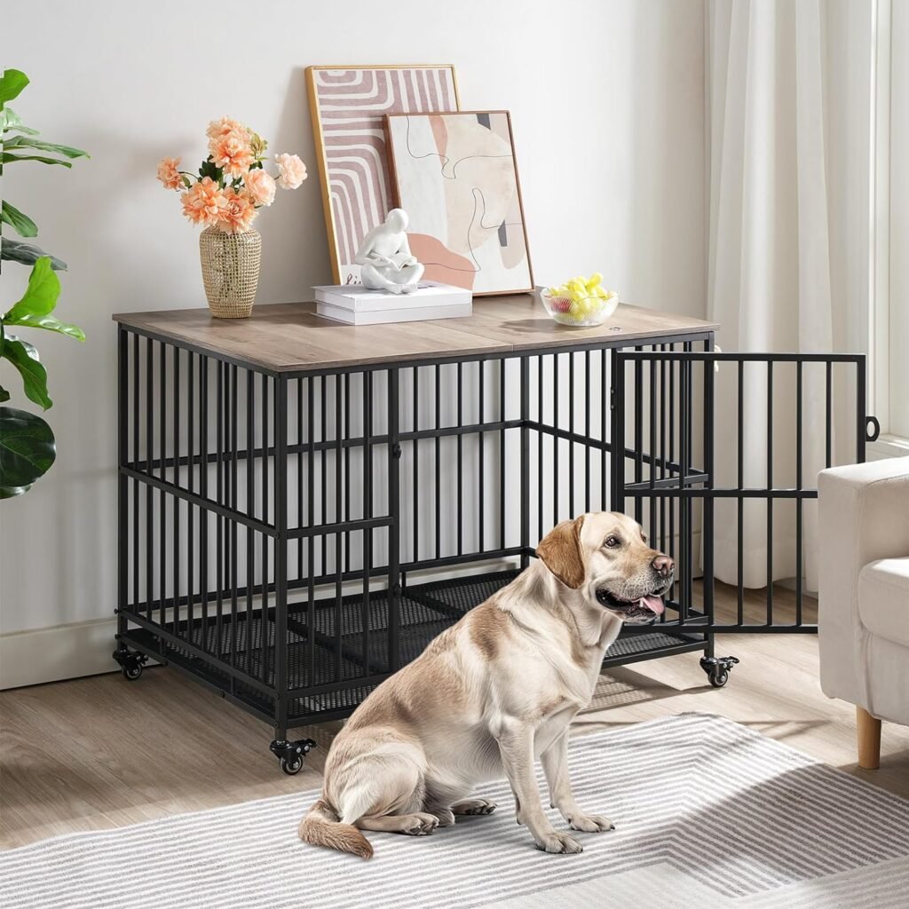 Heavy Duty Dog Crate Furniture, 38.7 Large Dog Kennel Indoor with Flip-Top, Indestructible Dog Crate End Side Table with Wheels, for Small/Medium Dog, Greige and Black BG98GW03G1