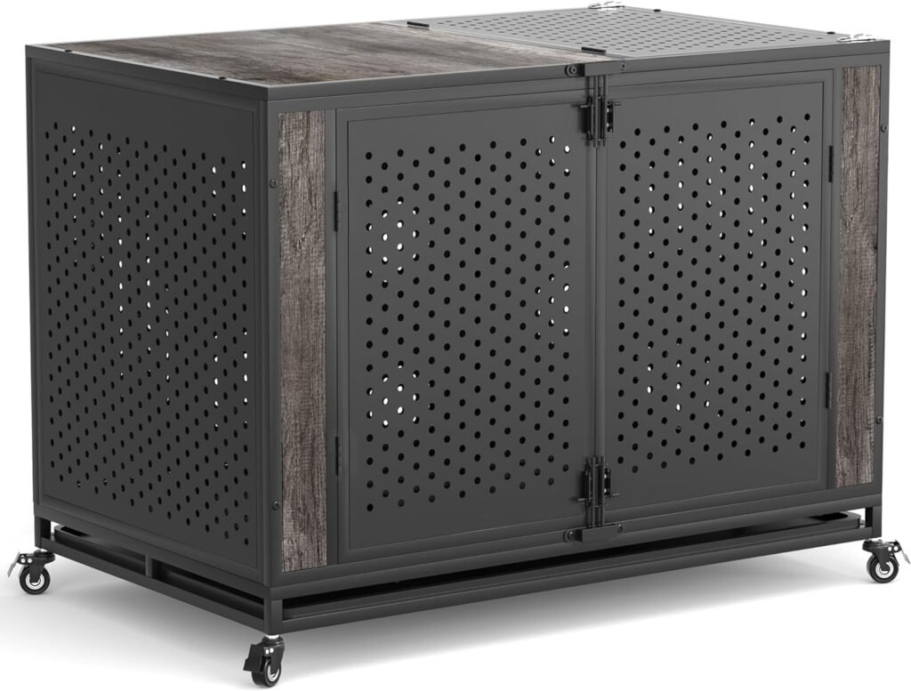 REXWELTEN 48 Heavy Duty Dog Crate Furniture for Extra Large Dogs, Enclosed Design with 0.5 inch Holes, Indestructible Metal Kennel for High Anxiety Dogs, Chew Proof Pet House Cage Indoor, Gray