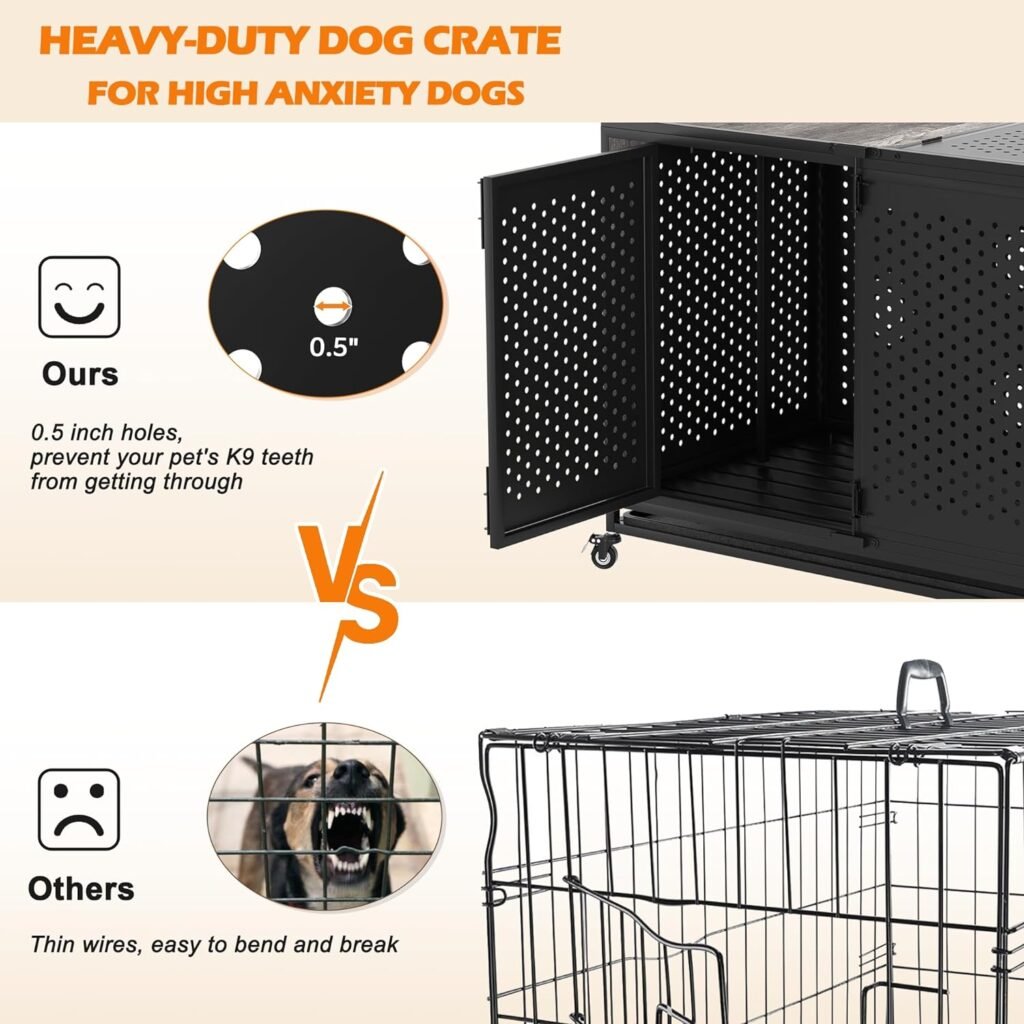 REXWELTEN 48 Heavy Duty Dog Crate Furniture for Extra Large Dogs, Enclosed Design with 0.5 inch Holes, Indestructible Metal Kennel for High Anxiety Dogs, Chew Proof Pet House Cage Indoor, Gray