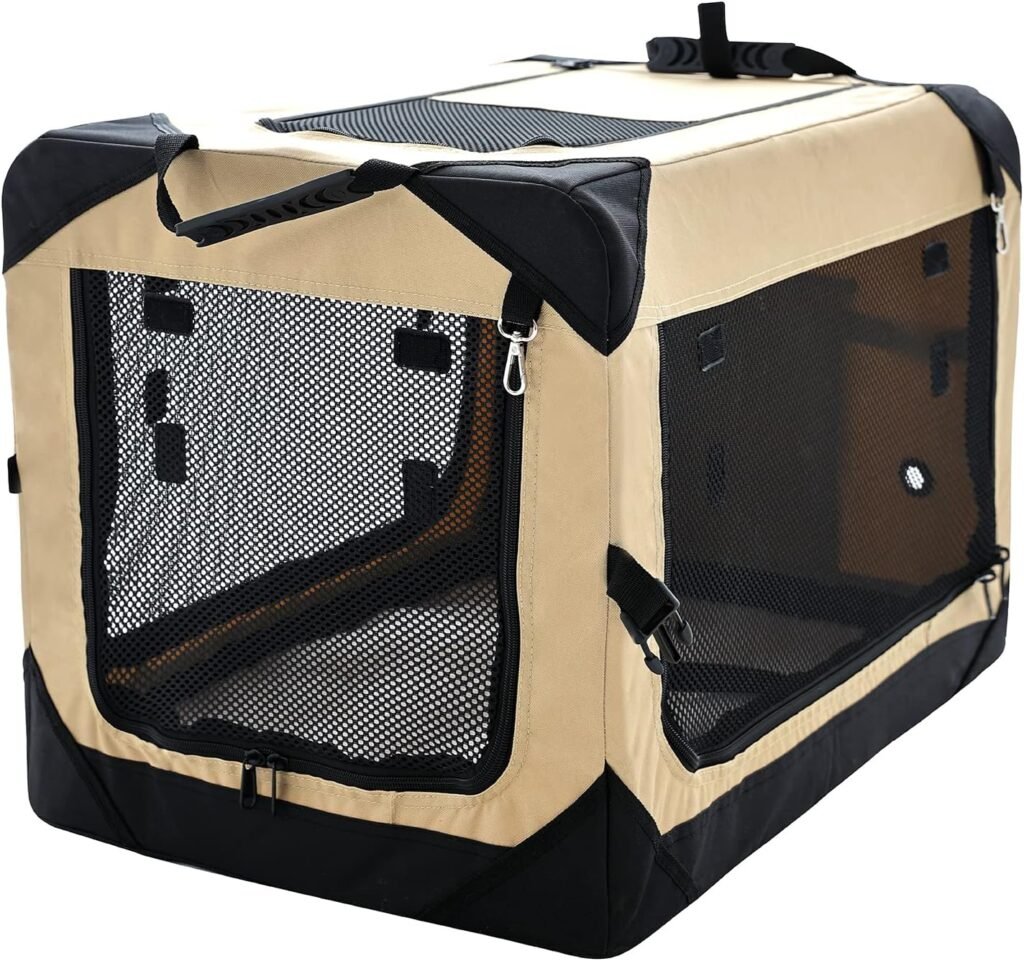 36 Inch Collapsible Dog Crate for Large Dogs, 4-Door Foldable Soft Dog Kennel with Chew Proof Mesh Windows, Indoor  Outdoor Travel Dog Crate, Soft Side Dog Crate,Beige