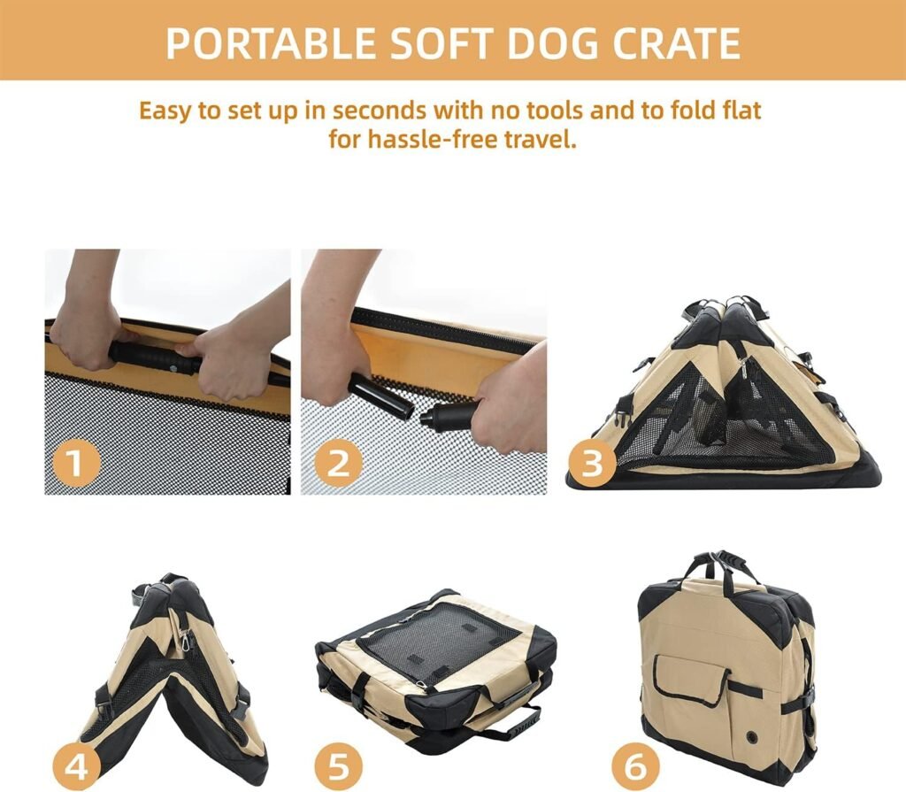 36 Inch Collapsible Dog Crate for Large Dogs, 4-Door Foldable Soft Dog Kennel with Chew Proof Mesh Windows, Indoor  Outdoor Travel Dog Crate, Soft Side Dog Crate,Beige