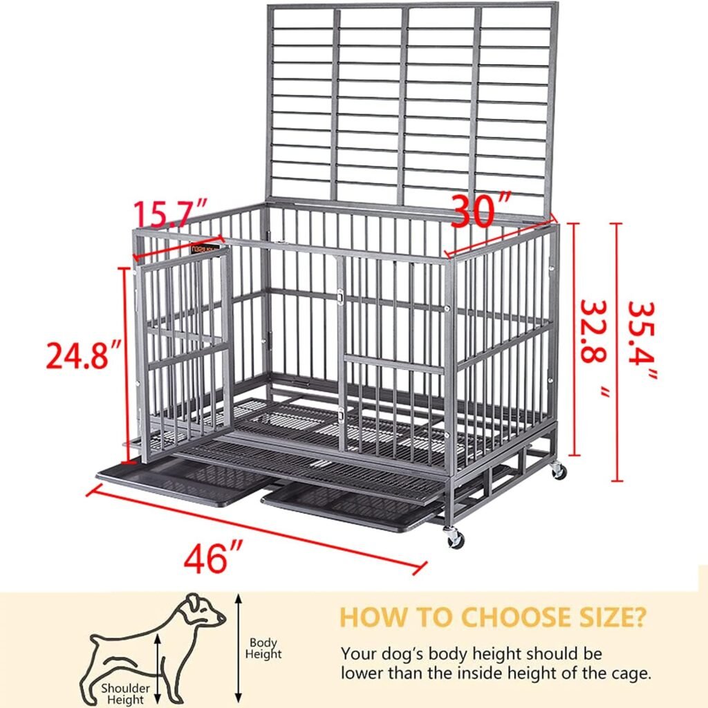 46 Inch Heavy Duty Indestructible Dog Crate Cage Kennel with Wheels, Escape Proof Dog Kennel Crate for Large Dogs, Extra Large XXL Dog Crates Indoor with Sturdy Lock, Double Door  Removable Tray
