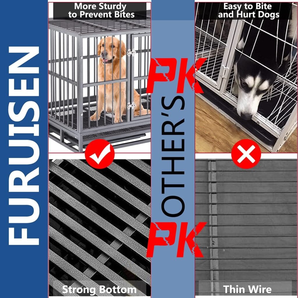 46 Inch Heavy Duty Indestructible Dog Crate Cage Kennel with Wheels, Escape Proof Dog Kennel Crate for Large Dogs, Extra Large XXL Dog Crates Indoor with Sturdy Lock, Double Door  Removable Tray