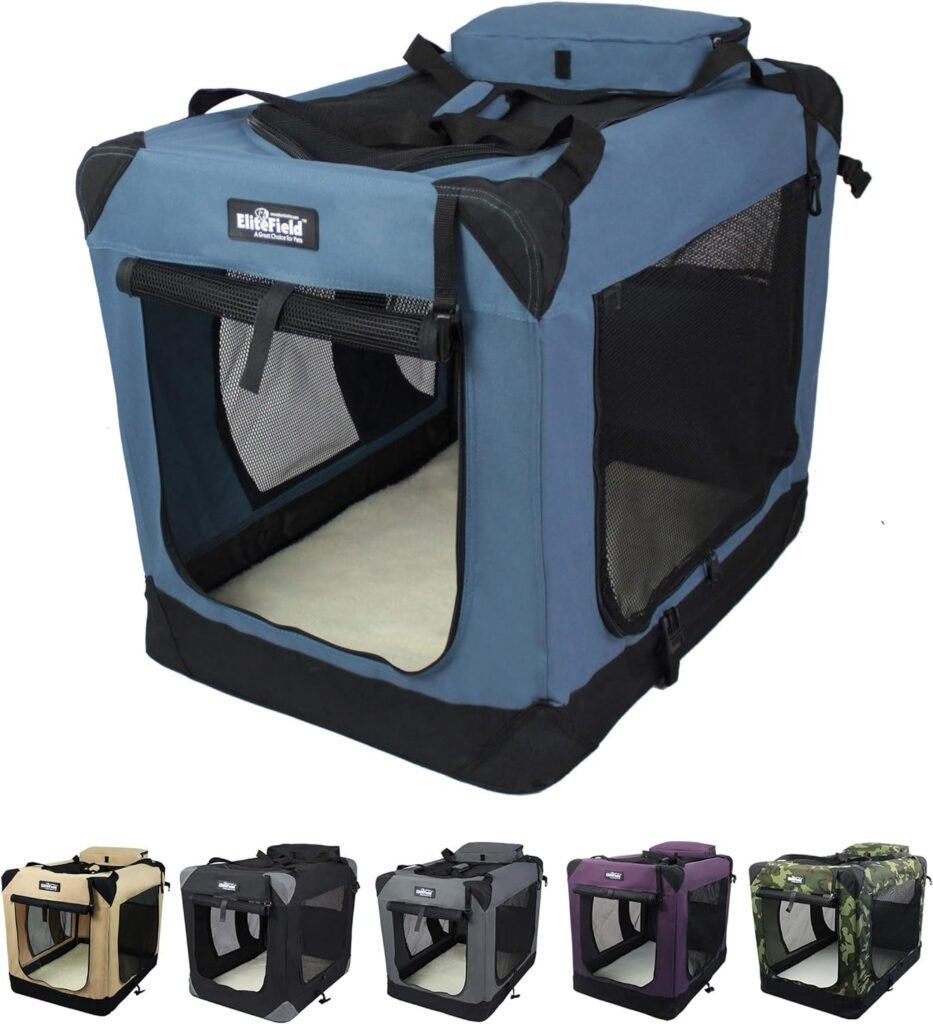 EliteField 3-Door Folding Soft Dog Crate with Carrying Bag and Fleece Bed (2 Year Warranty), Indoor  Outdoor Pet Home (36 L x 24 W x 28 H, Blue Gray)