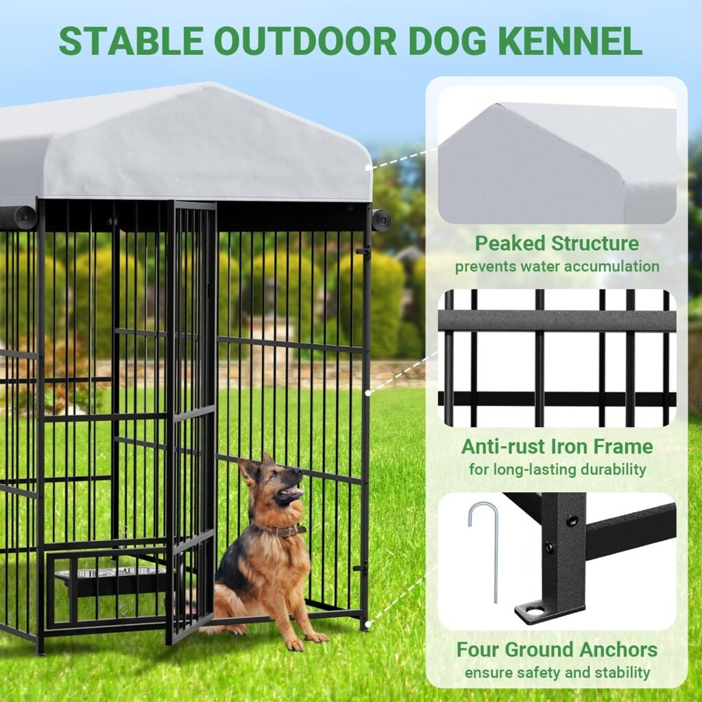 Large Dog Kennel Outdoor with Roof, Heavy Duty Dog Kennel Outside, Dog Kennel Outdoor with Rotating Dog Bowl, Outside Covered Dog Kennel for Small Medium Large Dogs, 6.6L x 3.9W x 5.9H