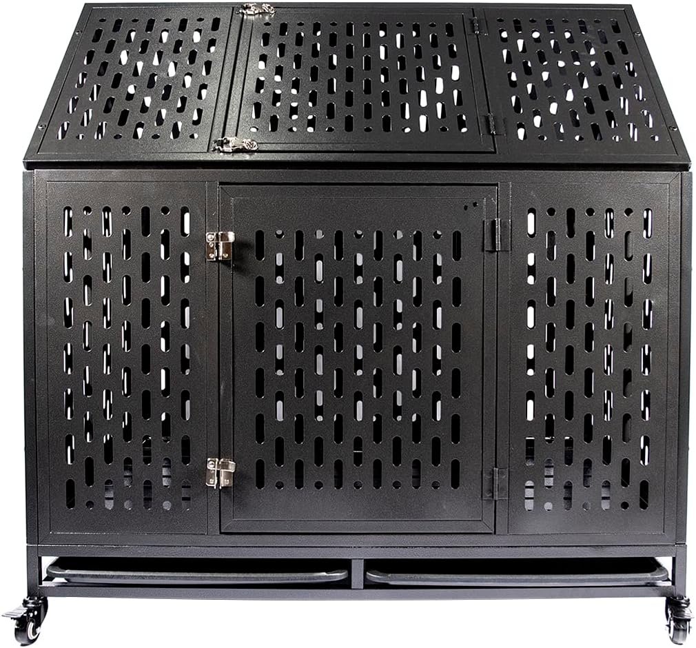 LINGXIAN Heavy Duty Dog Crate Dog Cage, 46 inch Indestructible Metal Dog Kennel Lockable for Medium Large Dogs with Sturdy Door Lock and Removable Trays, Roof Top Access (Black with one Doors)
