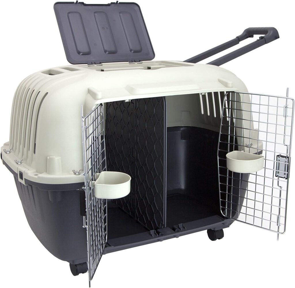 SportPet Designs Plastic Kennels Rolling Plastic Airline Approved Wire Door Travel Dog Crate, X-Large, Gray