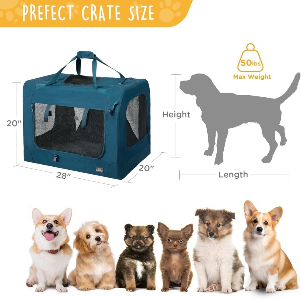 28 Inch Collapsible Soft Dog Crate,3-Door Portable Dog Travel Crate for Large Dogs,Soft Sided Dog Crate Kennel with Chew Proof Mesh Windows