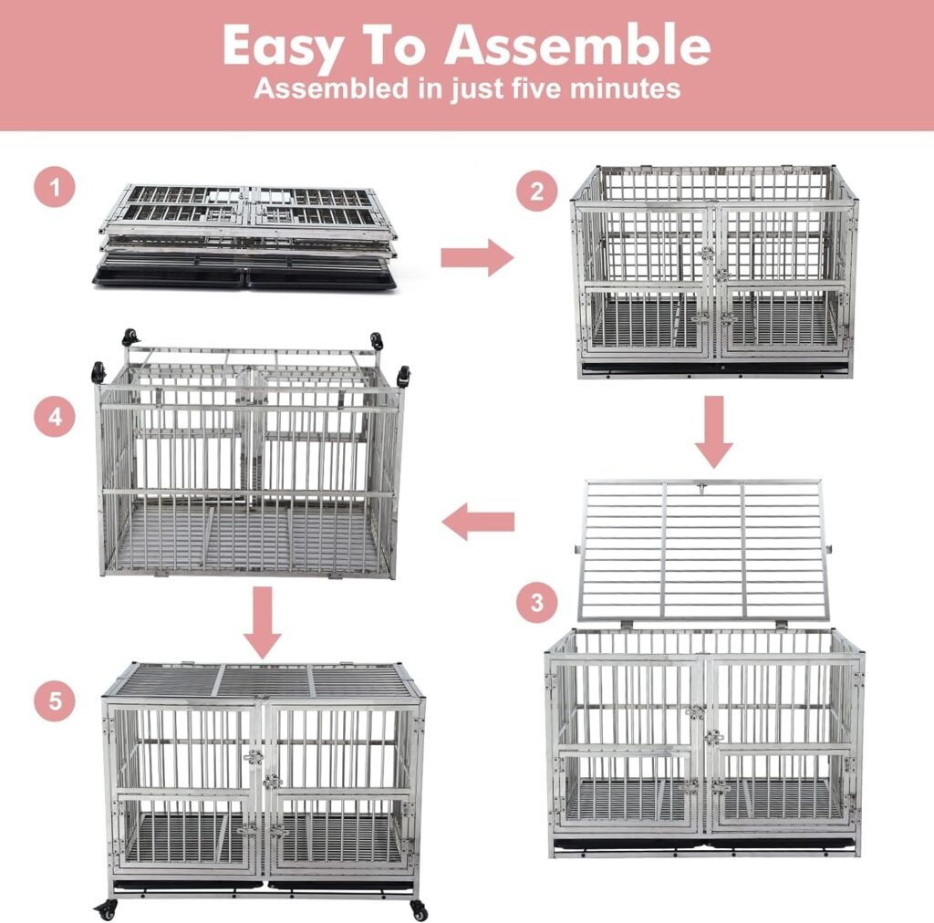 48-in Heavy Duty Dog Crate Cage Kennel with Wheels, Full Stainless Steel High Anxiety Indestructible Dog Crate, Sturdy Locks Design, Double Door Small Door Design  Removable Tray Design Silver