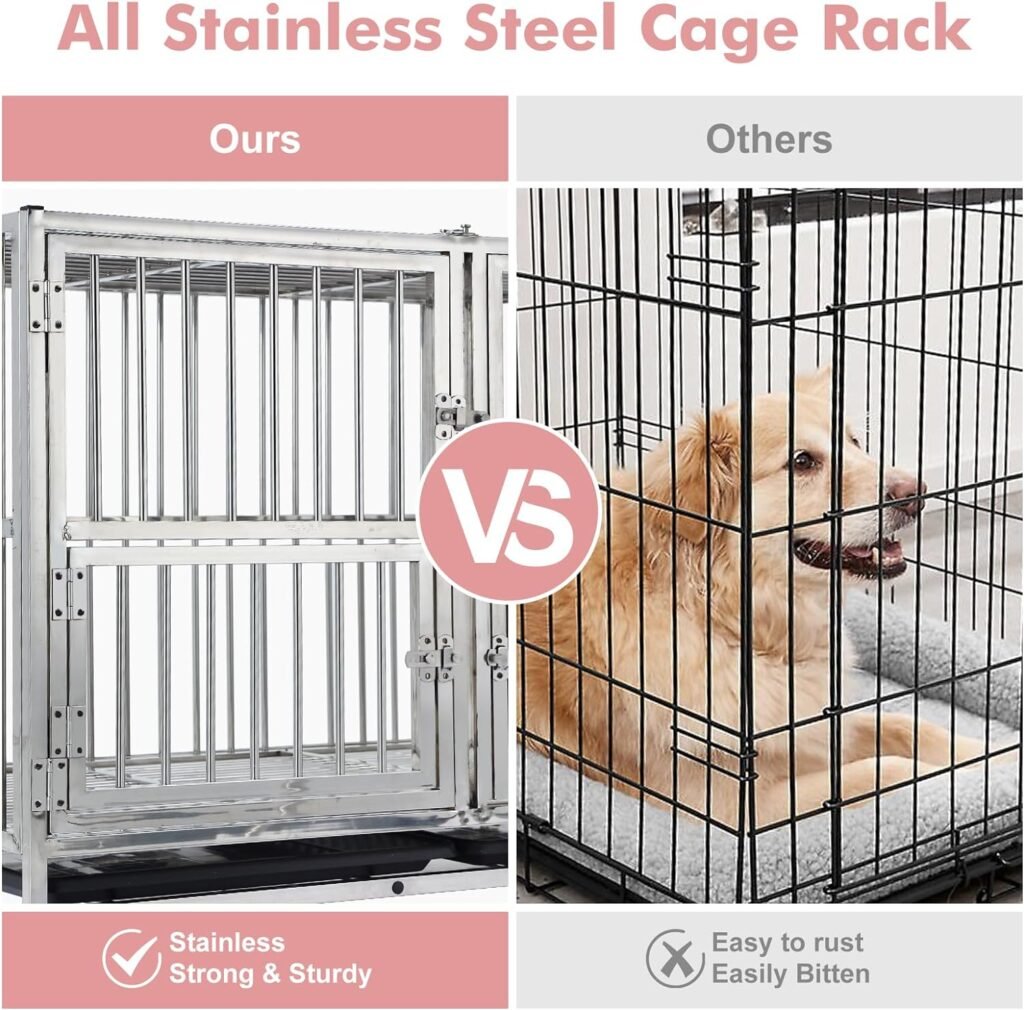 48-in Heavy Duty Dog Crate Cage Kennel with Wheels, Full Stainless Steel High Anxiety Indestructible Dog Crate, Sturdy Locks Design, Double Door Small Door Design  Removable Tray Design Silver
