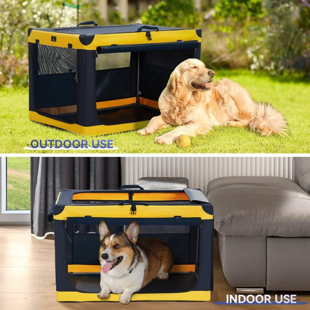 A4pet Soft Sided Dog Crate 30Inch, Easy On The Go, Easy to Stow, Adjustable Compatibility, Chew Proof  Lightweight, Portable Dog Crate Blue Yellow