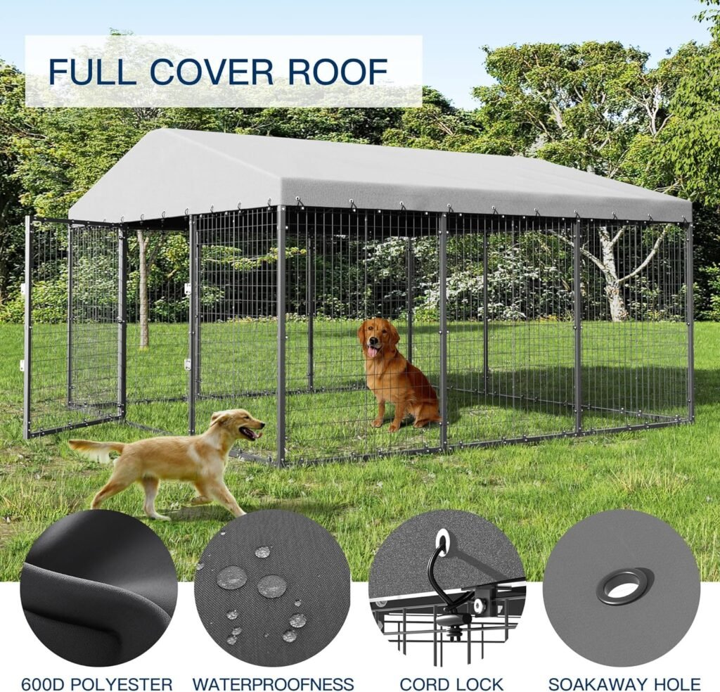 Kullavik Large Outdoor Dog Kennel,Heavy Duty Dog Cage with Roof,Galvanized Steel Dog Kennel Fence with Double Safety Locks