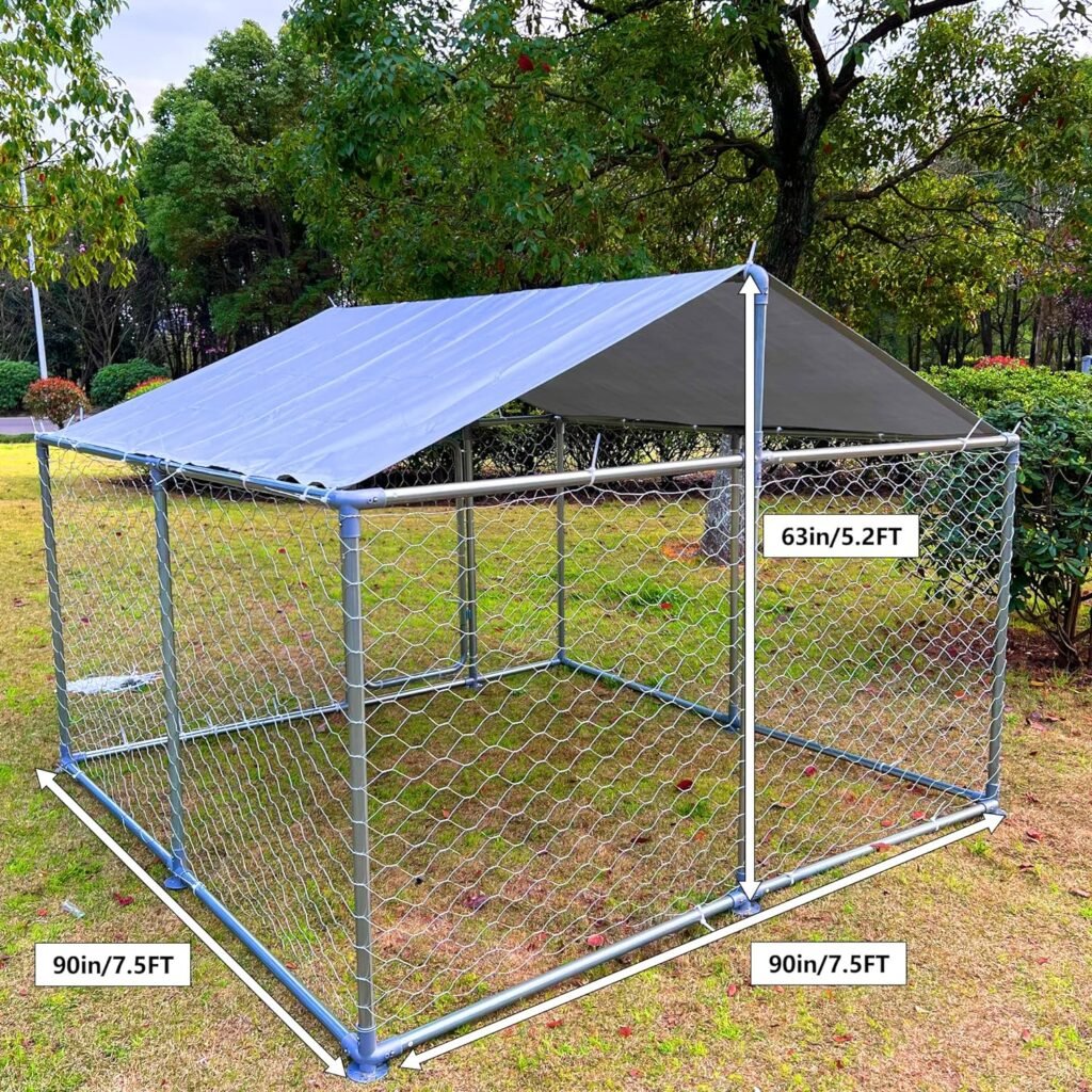 Outdoor Dog Kennel Heavy Duty Outdoor Fence Dog Run, Anti-Rust Dog Cage with Waterproof UV-Resistant Cover and Updated Secure Lock(7.5x7.5x5.3)
