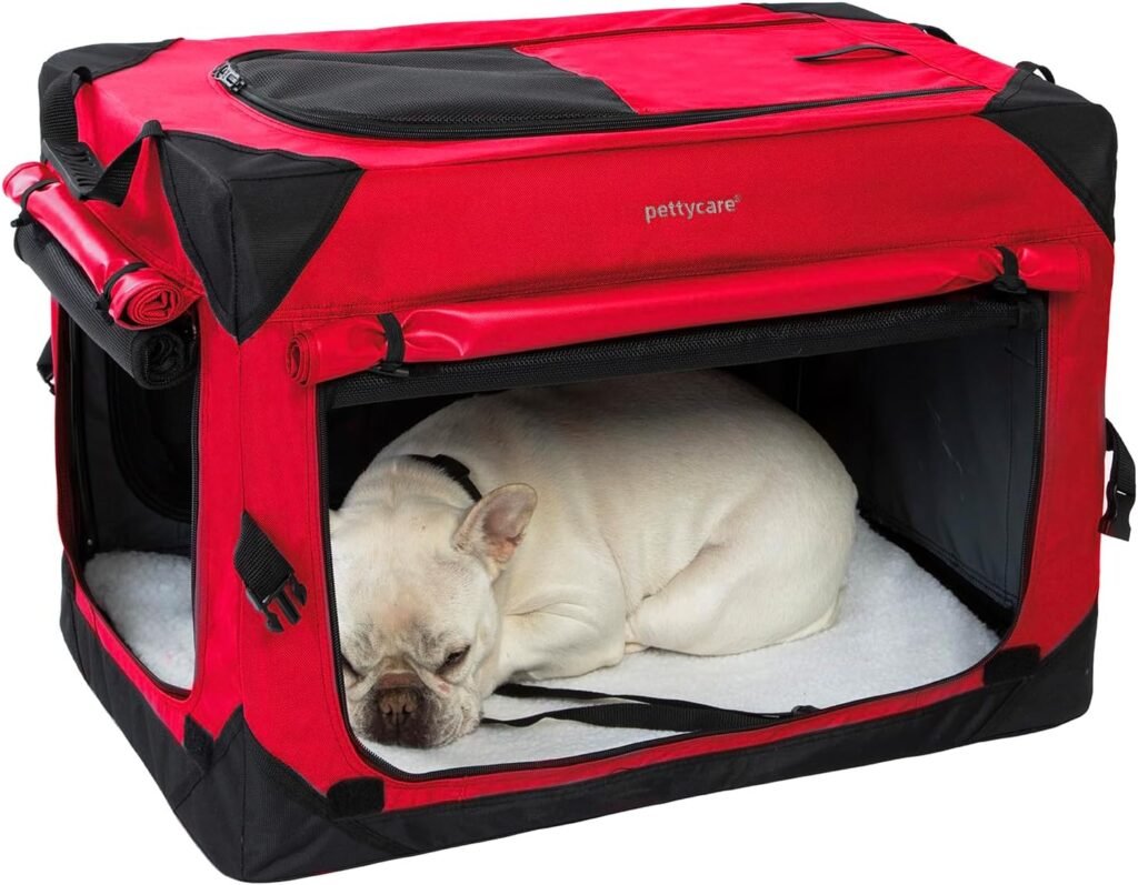 Pettycare 36 Inch Collapsible Dog Crate with Curtains, Travel Dog Crate for Airflow and Calm, Soft Pet Dog Kennel with Portable Bag and More Chew Proof Mesh, Indoor  Outdoor, Red+4 Door Curtains