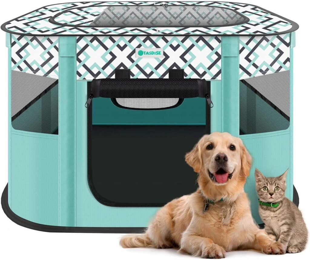 TASDISE Portable Pet Playpen, Foldable Exercise Play Tent Kennel Crate for Puppy Dog Yorkie Cat Bunny, Great for Indoor Outdoor Travel Camping Use, Come with Free Carring Case, 600D Oxford, M