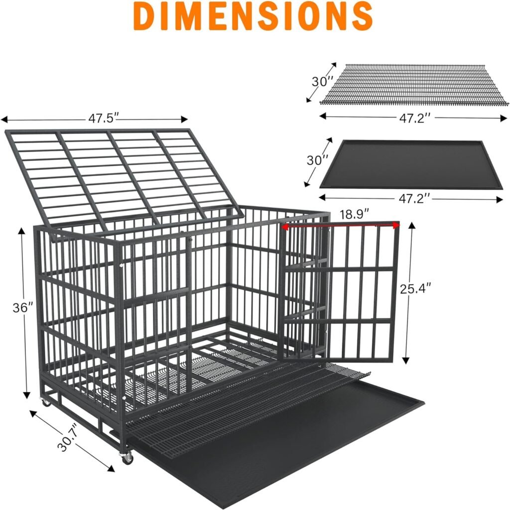 54/48/42/38 Inch Heavy Duty Dog Crate Cage with Wheels, Indestructible and Escape Proof Steel Kennel Indoor for High Anxiety Dogs with Sturdy Locks, Double Door and Tray, Extra Large XL XXL