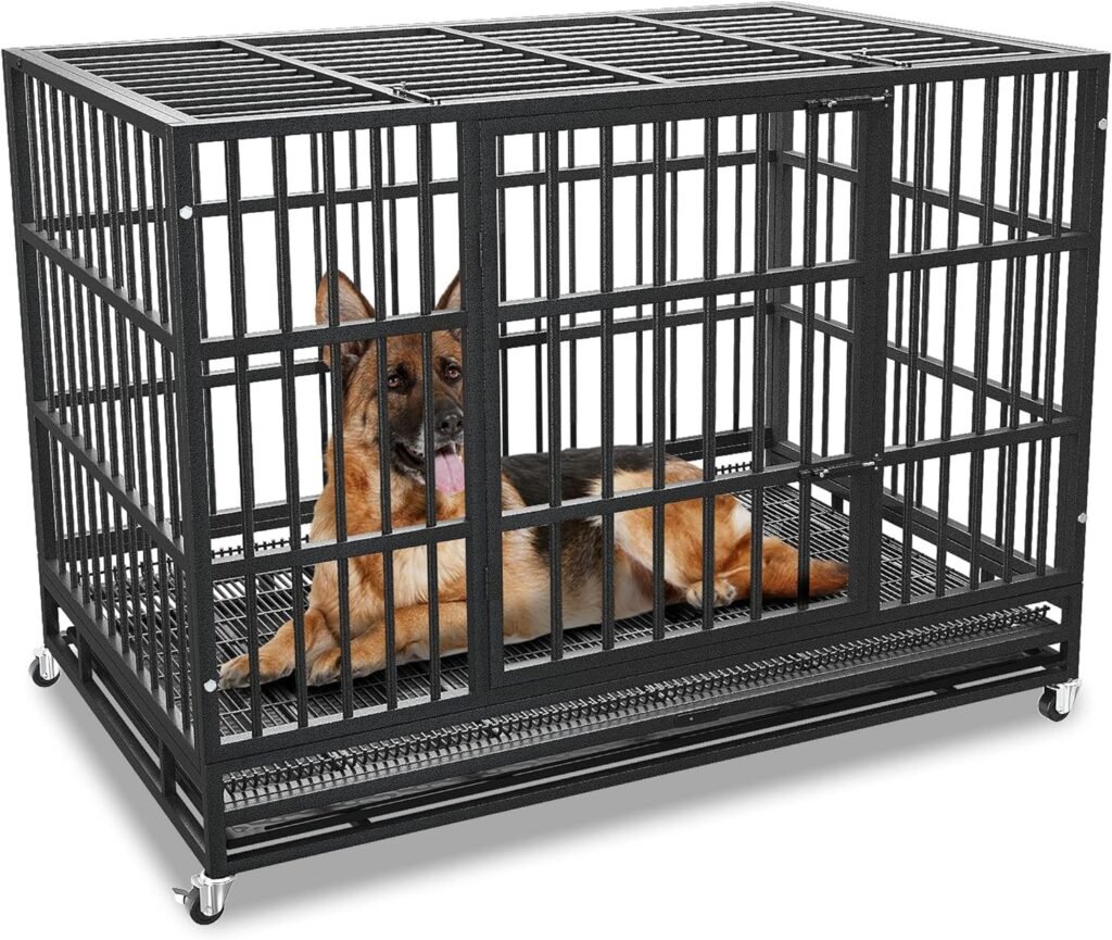 54/48/42/38 Inch Heavy Duty Dog Crate Cage with Wheels, Indestructible and Escape Proof Steel Kennel Indoor for High Anxiety Dogs with Sturdy Locks, Double Door and Tray, Extra Large XL XXL