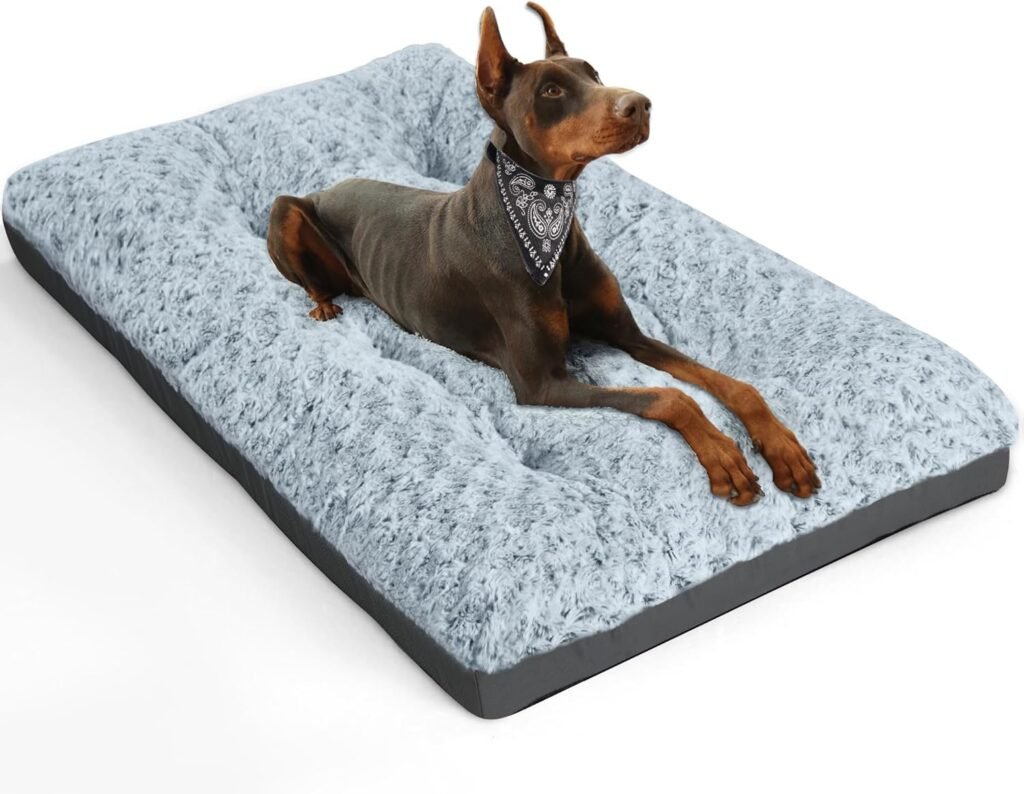 Deluxe Washable Dog Bed for Large Dogs Dog Crate Mat 36 Inch Comfy Fluffy Kennel Pad Anti-Slip for Dogs Up to 70 lbs, 36 x 23, Grey
