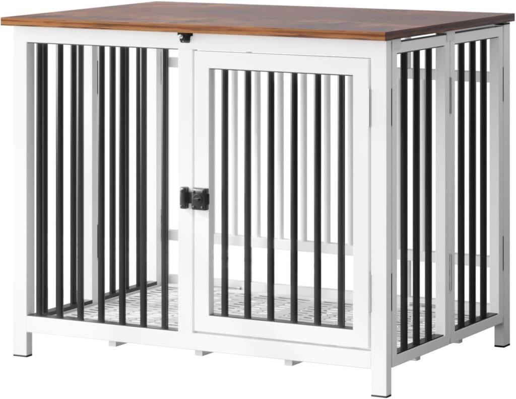 Heavy Duty Dog Crate Furniture, Fully Assembled exc. Locks, All Metal Frame  Wooden Tabletop, Modern Kennel for Small Dog, End Table, Sturdy, Foldable, White+Black/Rustic Brown