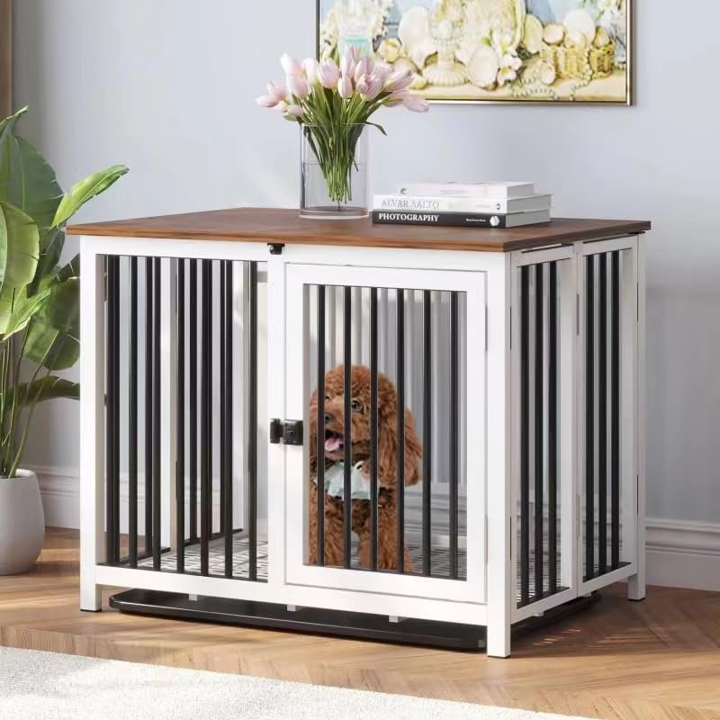 Heavy Duty Dog Crate Furniture, Fully Assembled exc. Locks, All Metal Frame  Wooden Tabletop, Modern Kennel for Small Dog, End Table, Sturdy, Foldable, White+Black/Rustic Brown