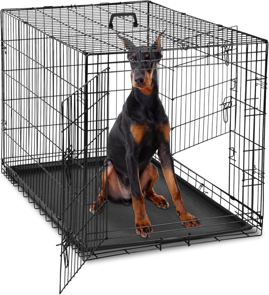 OLIXIS Dog Crate, 48 Inch Extra Large Double Door Dog Cage with Divider Panel and Plastic Leak-Proof Pan Tray, Folding Metal Wire Pet Kennel for Indoor, Outdoor, Travel