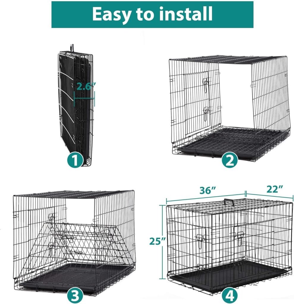 48 Inch Extra Large Dog Crates for Medium Dogs Double-Door Folding XXL Dog Crates for Large Dogs Indoor/Outdoor Large Dog Cages for Large Dogs Metal Wire Dog Kennel with Plastic Tray and Handle(Black)