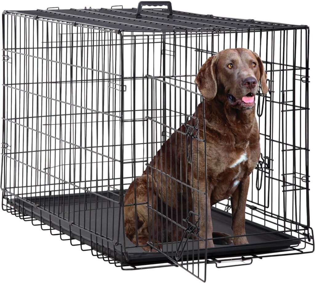 48 Inch Extra Large Dog Crates for Medium Dogs Double-Door Folding XXL Dog Crates for Large Dogs Indoor/Outdoor Large Dog Cages for Large Dogs Metal Wire Dog Kennel with Plastic Tray and Handle(Black)