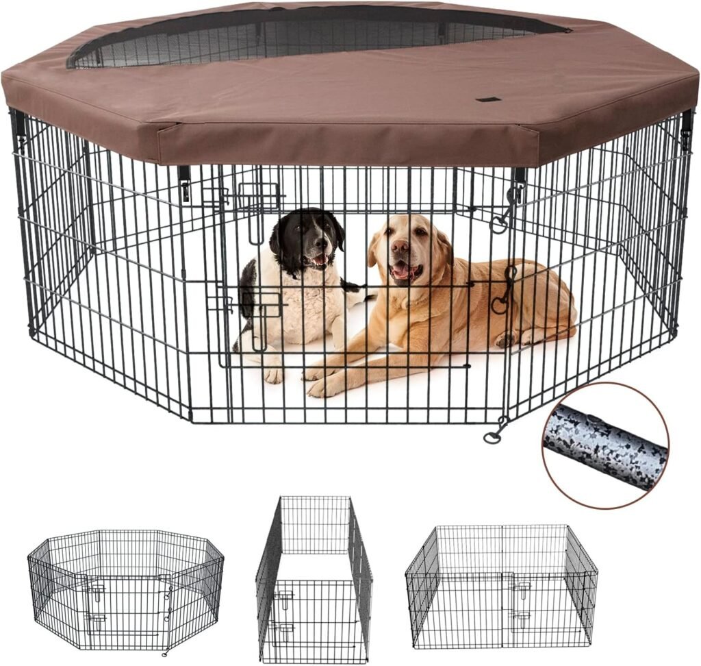 Foldable Metal Dog Exercise Playpen Gate Fence Dog Crate 8 Panels 24 Inch Height Puppy Kennels with Top Cover for Animals Outdoor Indoor (with top cover, 8 Panels 24 H)