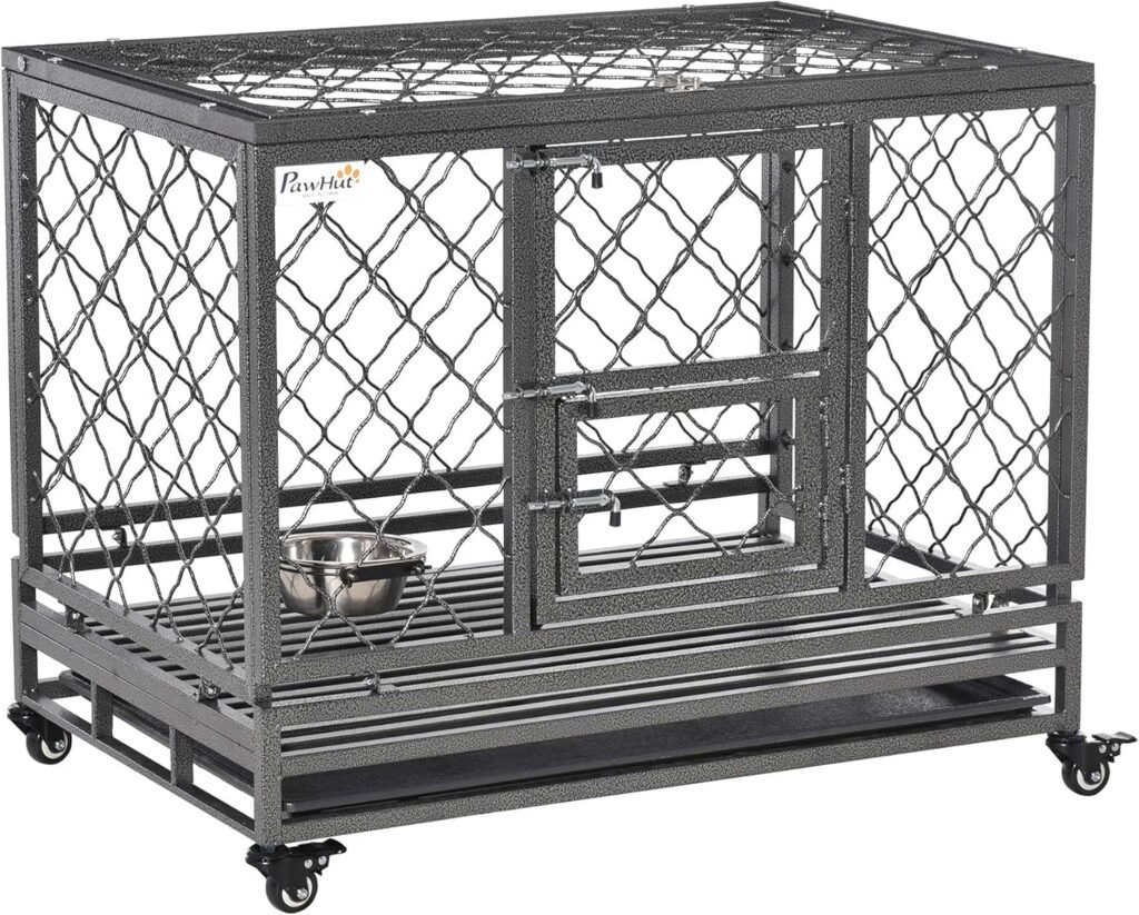 PawHut Heavy Duty Dog Crate Metal Kennel and Cage Dog Playpen with Lockable Wheels, Slide-out Tray, Food Bowl and Double Doors, 36.5 L