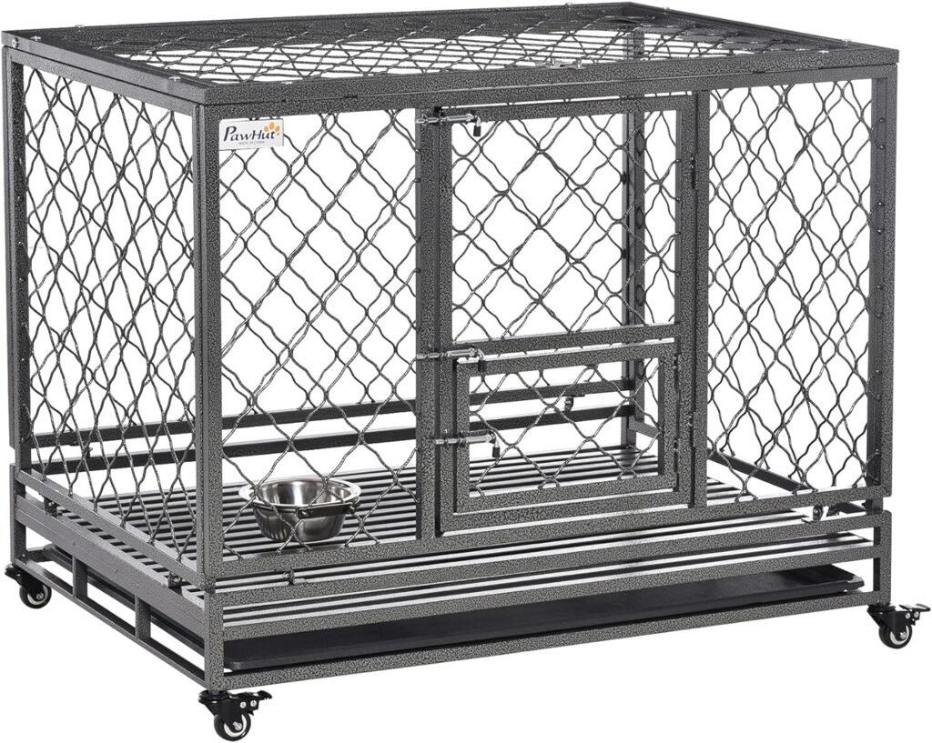 PawHut Heavy Duty Dog Crate Metal Kennel and Cage Dog Playpen with Lockable Wheels, Slide-out Tray, Food Bowl and Double Doors, 36.5 L