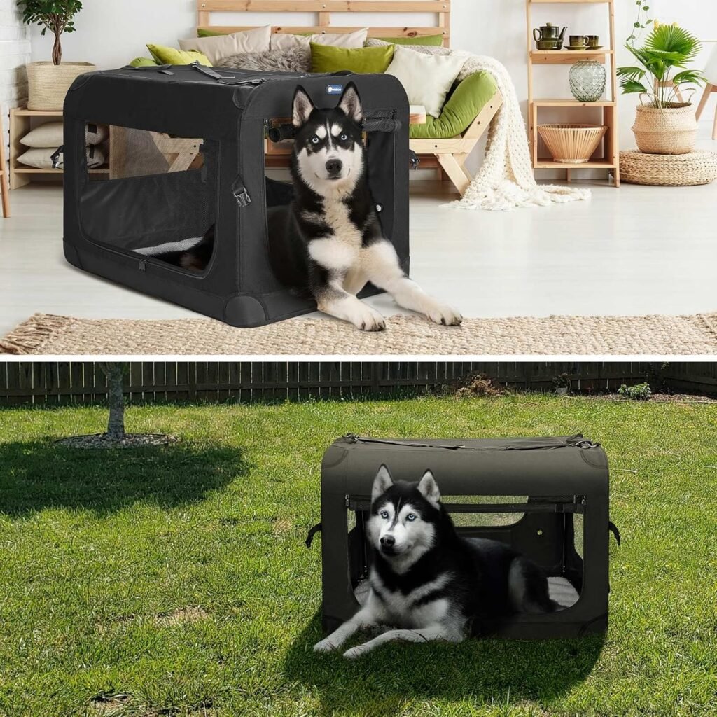 Veehoo Folding Soft Dog Crate, 3-Door Portable Collapsible Pet Kennel for Crate-Training Dogs, 5 x Durable Mesh Screen, 600D Cationic Oxford Fabric, Indoor  Outdoor Use, 20, Black